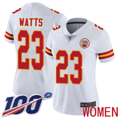 Women Kansas City Chiefs #23 Watts Armani White Vapor Untouchable Limited Player 100th Season Football Nike NFL Jersey